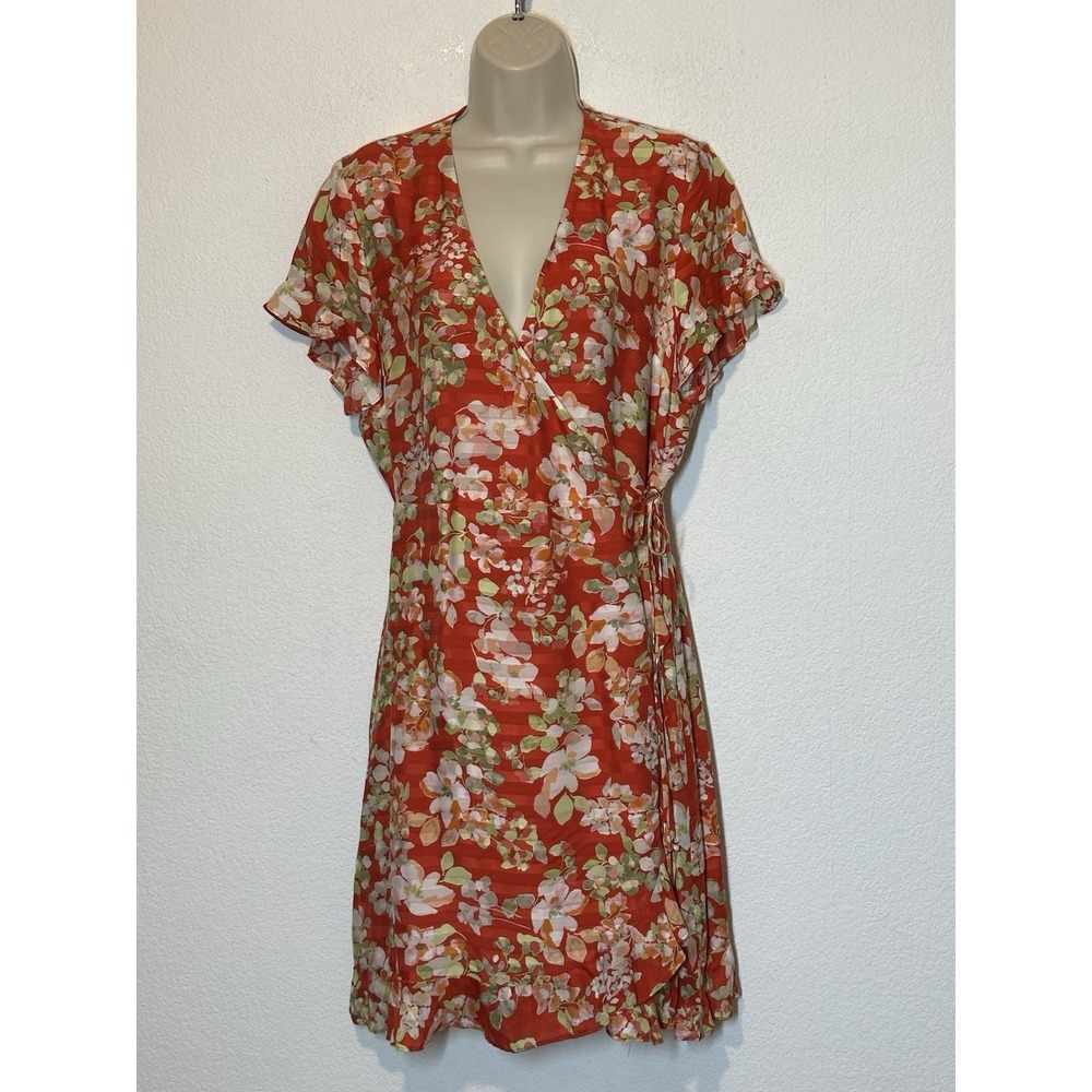 J. Jill Papaya Floral Ruffle Wrap Dress Size Small Short Flutter Sleeves Travel